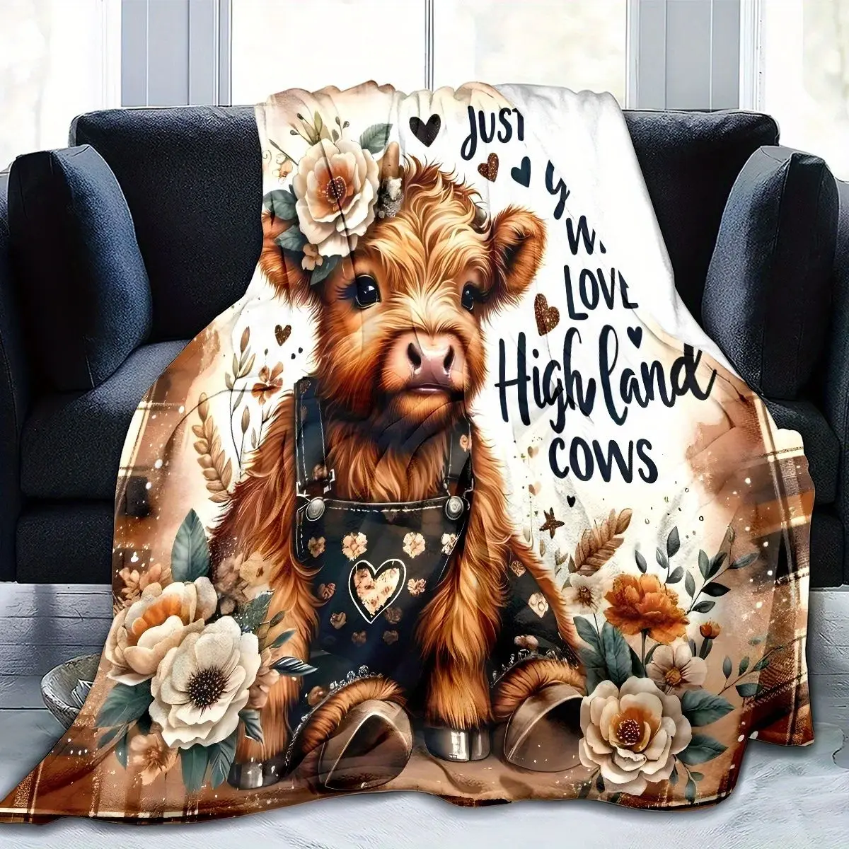 Soft Throw Blanket with Highland Cow Floral, Cozy for Bedroom Couch