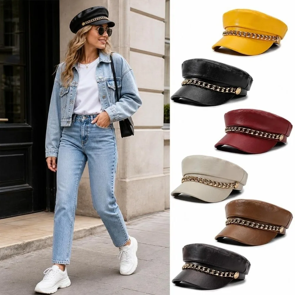 Vintage PU Leather Newsboy Cap Chain Decor Solid Color Baker Boy Cap Short Brim Faux Leather Beret Hat For Women