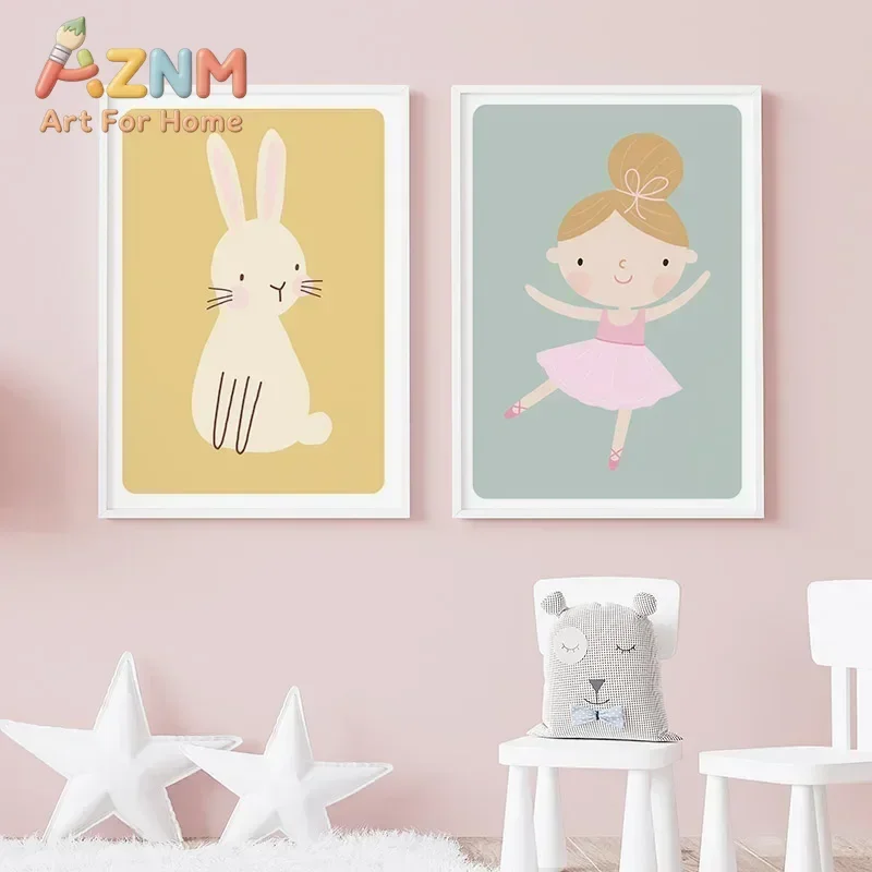 Multi-size 1PC frameless high-definition decorative paintings,Cute Girl Butterfly Dog Flower Face Bunny Cartoon Nursery Wall Art
