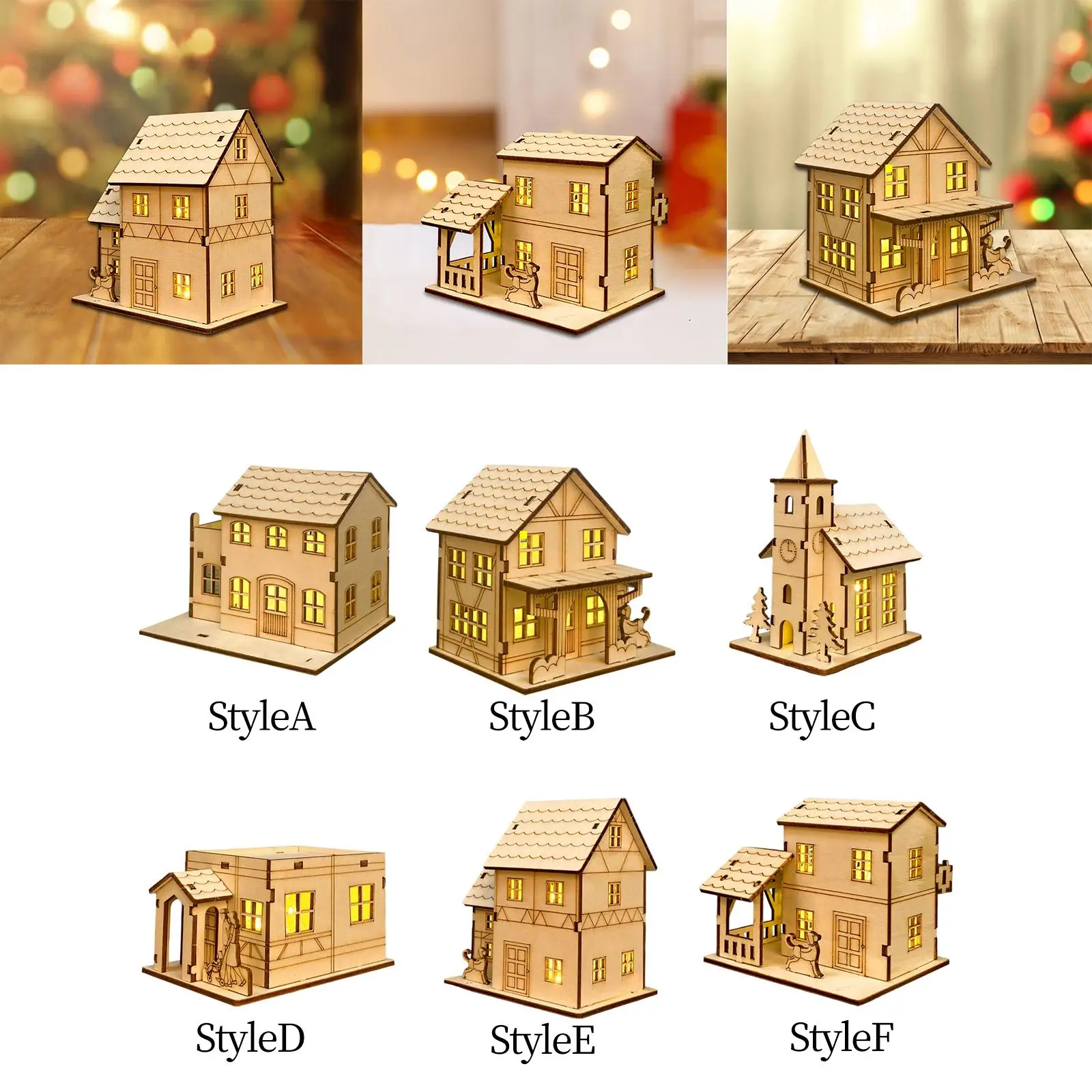 Unpainted Unfinished Wood House Figurines Battery Powered Sculpture DIY Drawing