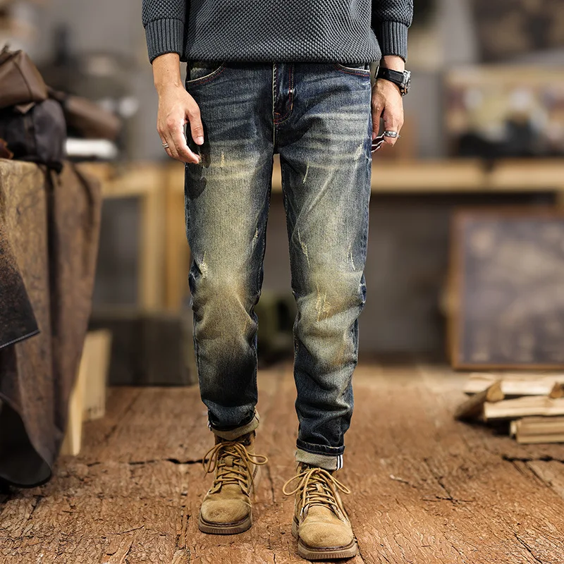 

1066 New Jeans Men's Stretch Casual Slim Versatile Straight Leg Pants Washed Scratched American Trendy Tapered