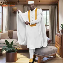 African Men Traditional Clothing Embroidery Single Breasted Agbada Robe Shirts Pants and Hats 4 Piece Set Tribal Outftis 2516008