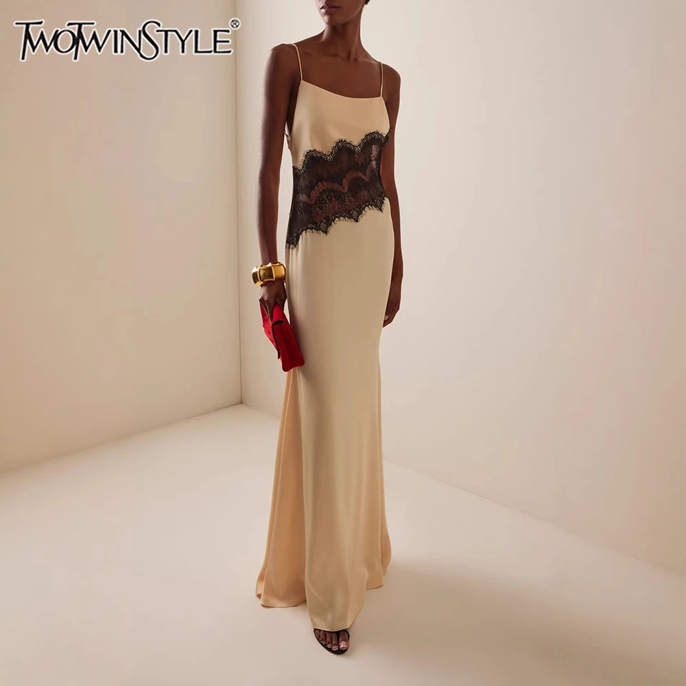 TWOTWINSTYLE Colorblock Slimming Minimalism Dress for Women Square Neck Sleeveless Patchwork Lace Midi Backless Dresses Female