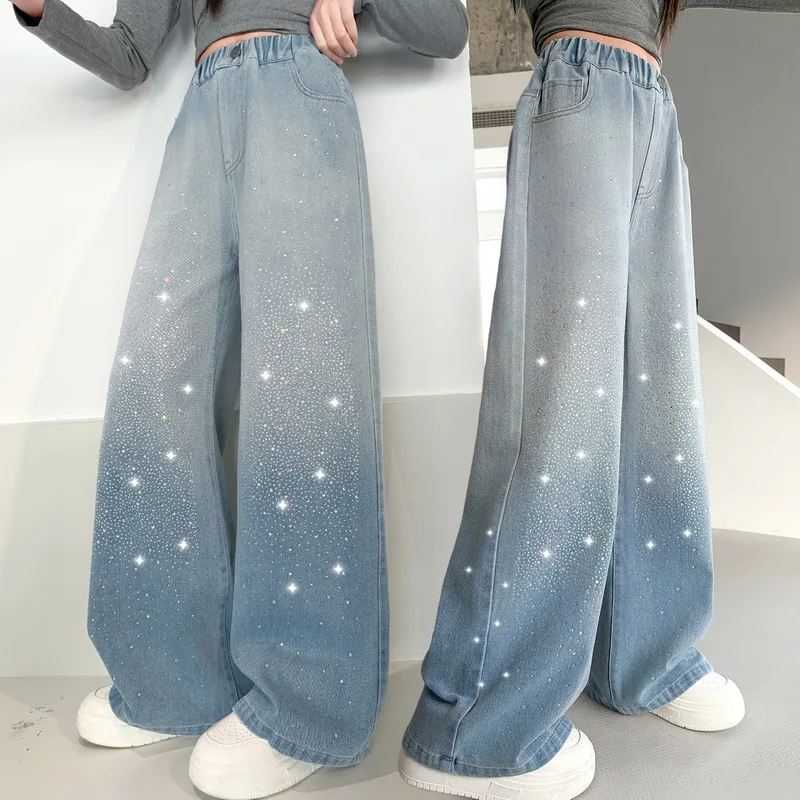 New Kids Designer Fashion Rhinestone Jeans for Teen Girls Street Wide-leg Denim Pants Children Elegant Spring Autumn Trousers