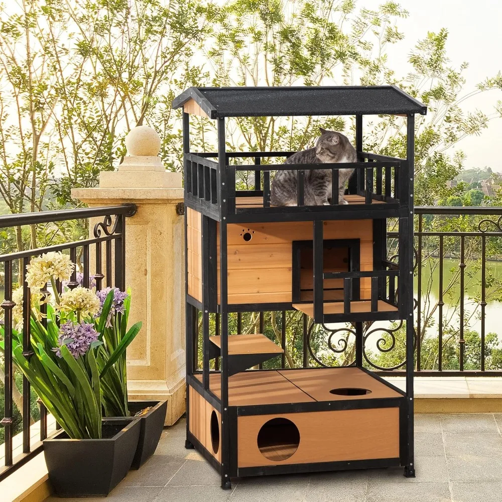 Wooden Outdoor Cat House, Feral Cat Shelter Kitten Condo with Asphalt Roof, Escape Doors, Condo, Jumping Platform