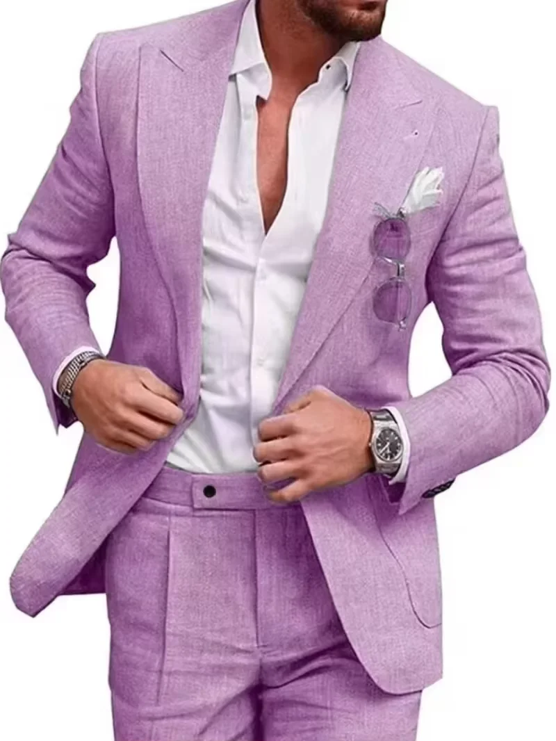 Men\'s Linen Set 2-Piece Slim Fit Suit Summer Beach Wedding Set  One Button Tuxedo Linen Suit Jacket And Pants Set