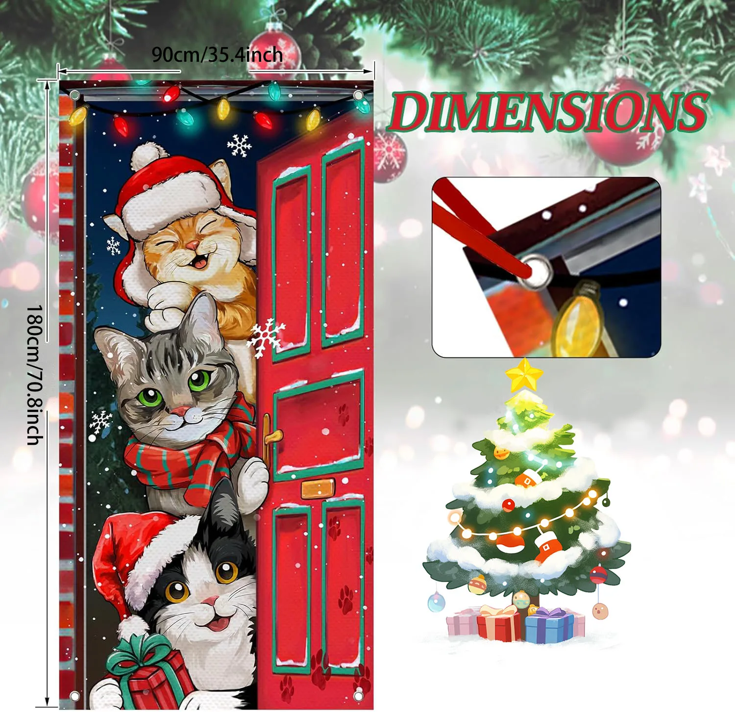 Christmas Tabby & Tuxedo Cat Decorations, Xmas Orange Front Door Banner,Christmas Door Cover Winter Holiday Indoor/Outdoor Fun view 3