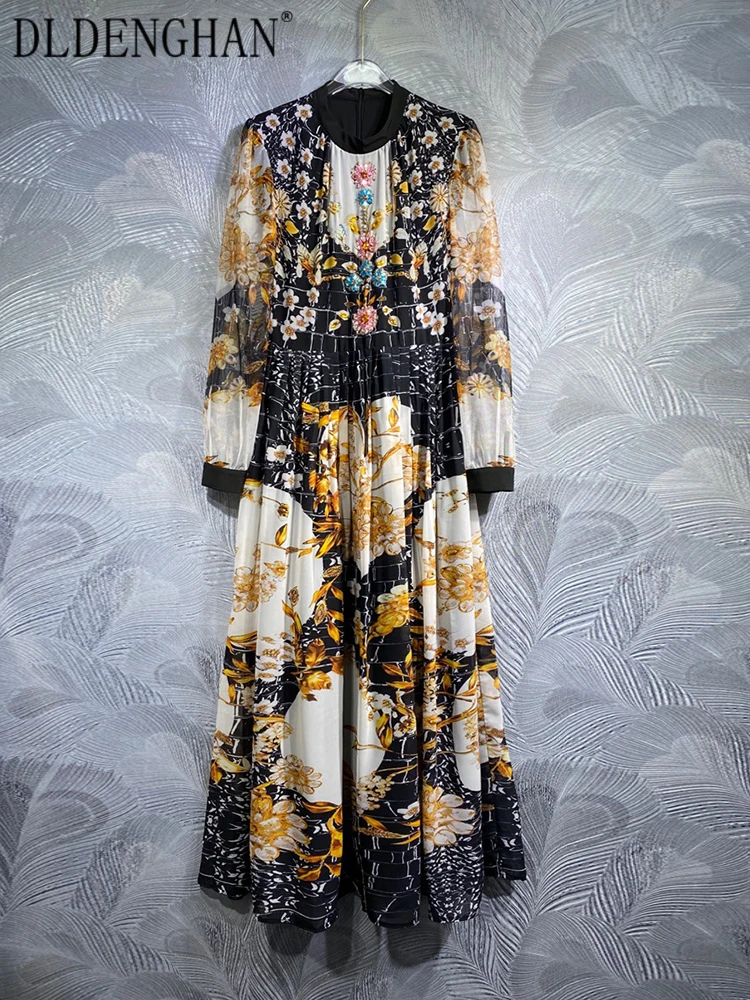 

DLDENGHAN Summer Dress Women's O-Neck Lantern Sleeve Crystal Diamonds Vintage Print Long Dresses Fashion Designer New