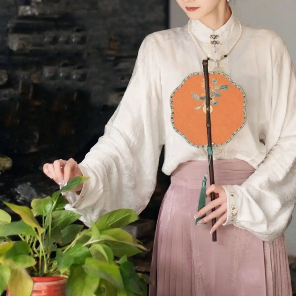 Retro Ancient Style Chinese Bamboo Waist Fan Rotatable Rollable Long Handle Fan Decorative Cooling Group Fan Gifts