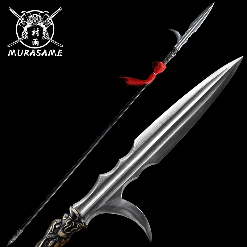 Chinese Hook Spear Qiang Handforged Folded Steel Spearhead Dragon Brass Fitting Red Tassel Kung Fu Sword Metal Handle Home Decor