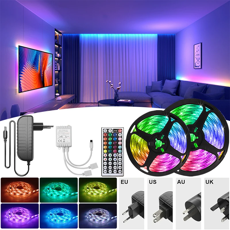 Luzes de tira LED com controle remoto inteligente, RGB, fita, fita, regulável, 12V, Natal, sala, TV, luz de fundo