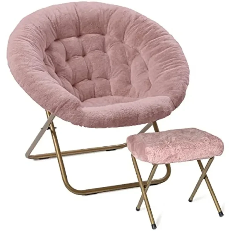 Chair with Footrest Ottoman/Faux Fur Saucer Chair for Bedroom/X-Large (Pink)