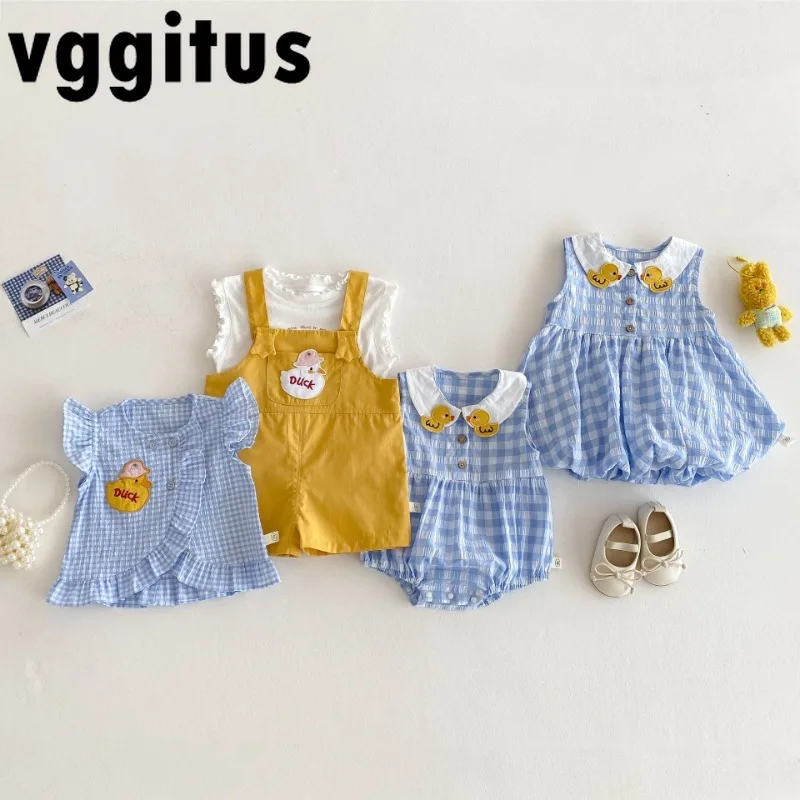 Kids Girls Cartoon Duckling Series Sets New Summer Children's Thin T-shirt/Bodysuit/Dress/Shirts/Overalls Plaid Clothes H5201