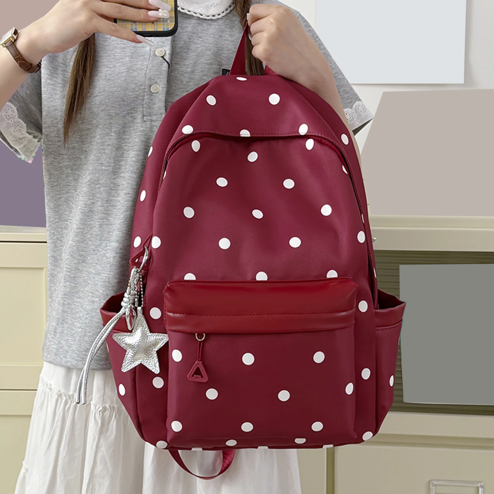 Polka Dot Aesthetic Preppy Backpack Kawaii Sweet Travel Casual Daypack Laptop Backpack for Elementary & Middle Girl