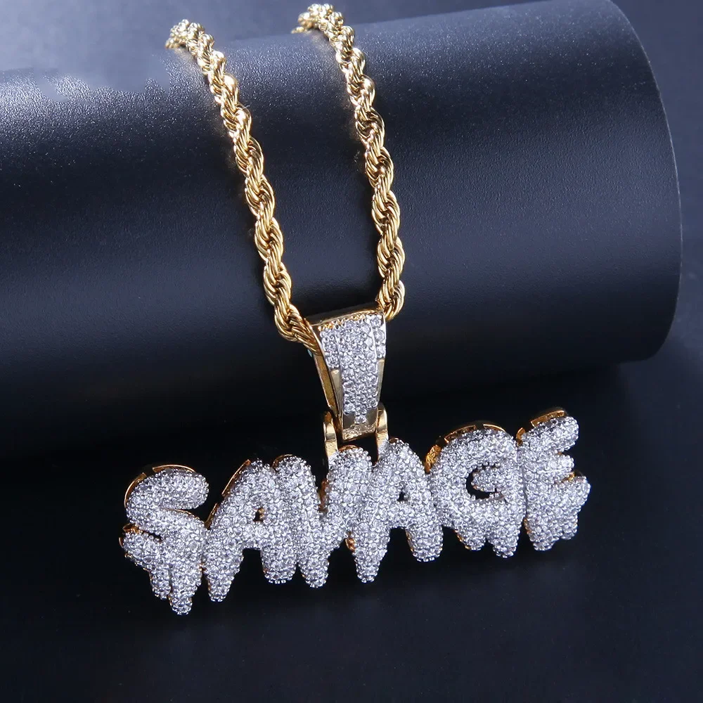 Hip Hop Shiny Ice Crystal Zirconia SAVAGE Letter Pendant Necklace for Men Women Punk Rock Street Party Jewelry