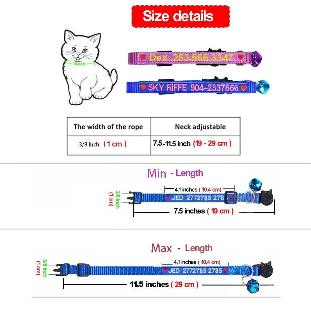 Personalized Cat Collar Kitten Puppy Embroidered Name ID Tag Adjustable And Bell