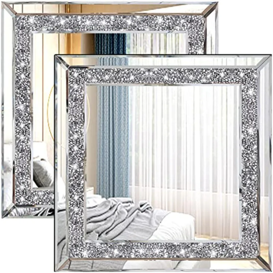 

2PCS Crystal Rhinestone Diamond Wall Mirror.Brilliant Hand-Spliced Glass Mirror.Accent Decorative Mirror for Hallway/Bathroom/B