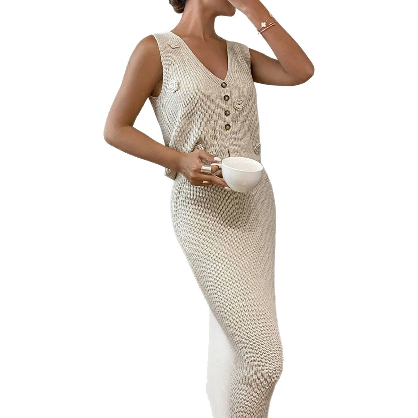 2025 spring and summer new European and  cross-border three-dimensional flower knitted waist dress sleeveless vest two-piece set