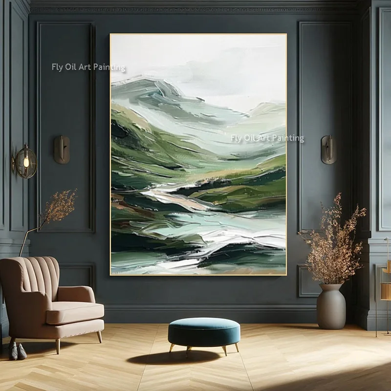 Modern Green Landscape Mountains Wall Art Decor For Home Hall Handpainted Grey Green View Oil Painting New Design Artwork