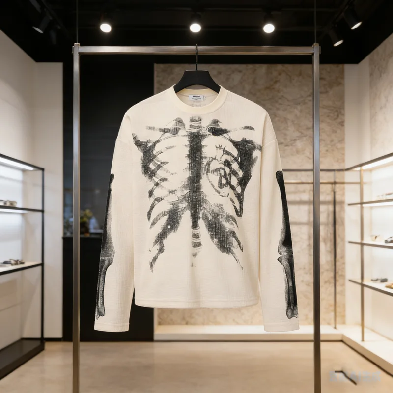 Waffle Long Sleeve Skeleton Skulls Print T-shirt Men Women Loose Apricot Black Loose Casual Quick Dry T Shirt Casual Clothes