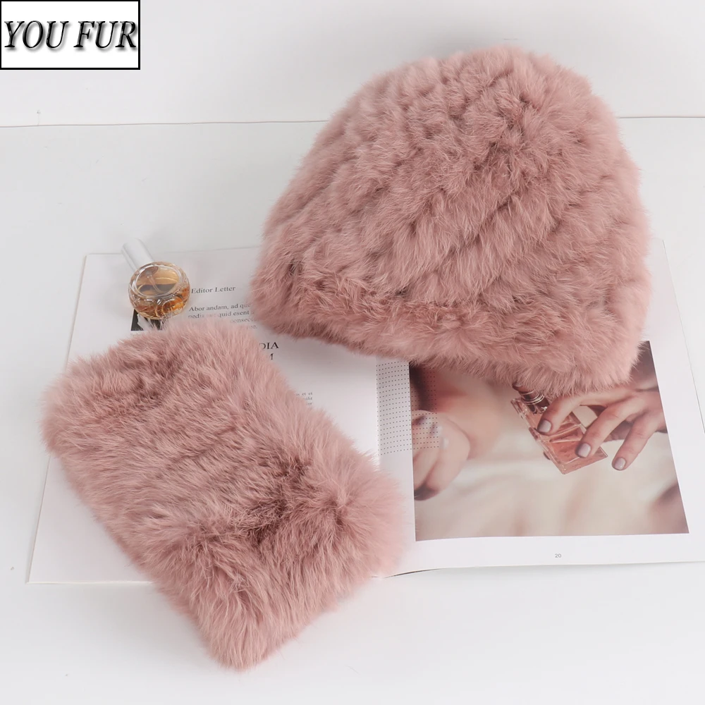 أرنب الفراء قبعة وشاح للنساء الشتاء الطبيعي أرنب الفراء قبعة الأوشحة مجموعات سيدة الدافئة محبوك سميكة الفراء الحقيقي القبعات الخمار 2 قطع #2