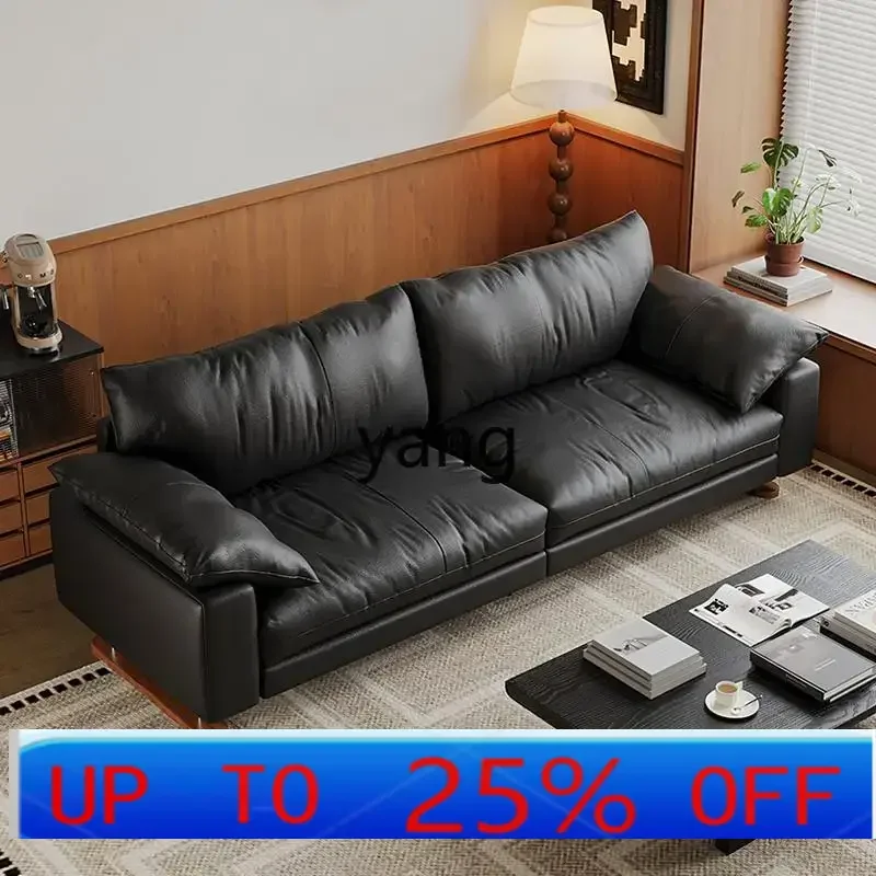 

LHH medieval leather sofa small apartment retro living room straight row black first layer cowhide high-footed sofa