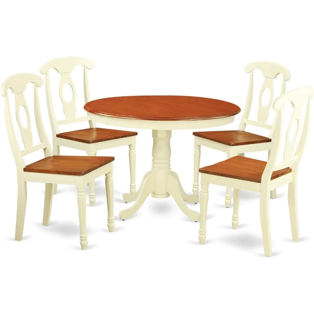 5 Piece Kitchen Table Set for 4 Includes a Round Dining Table with Pedestal and 4 Dining Room Chairs, 42x42 Inch, Buttermilk