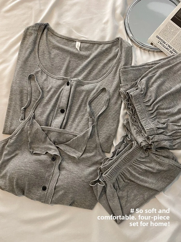 

2024 Summer New Sexy Modal Cotton Spwear Women's Four-piece Set Pure Color Spring Summer Home Clothes Comfortable Long Pants
