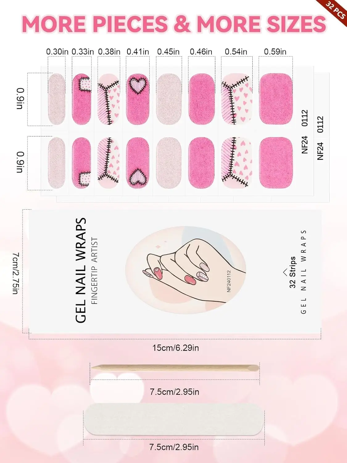 32枚入り ピンクハートネイルラップ、女性用セミキュアジェルストリップ、UV/LEDライト必要