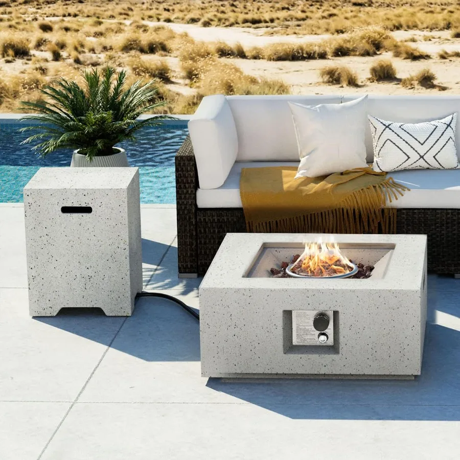 

2Piece Outdoor Propane Fire Pit Table Set with Builtin Tank Storage 28 Terrazzo Square Fire Table featuring CSA Certification a