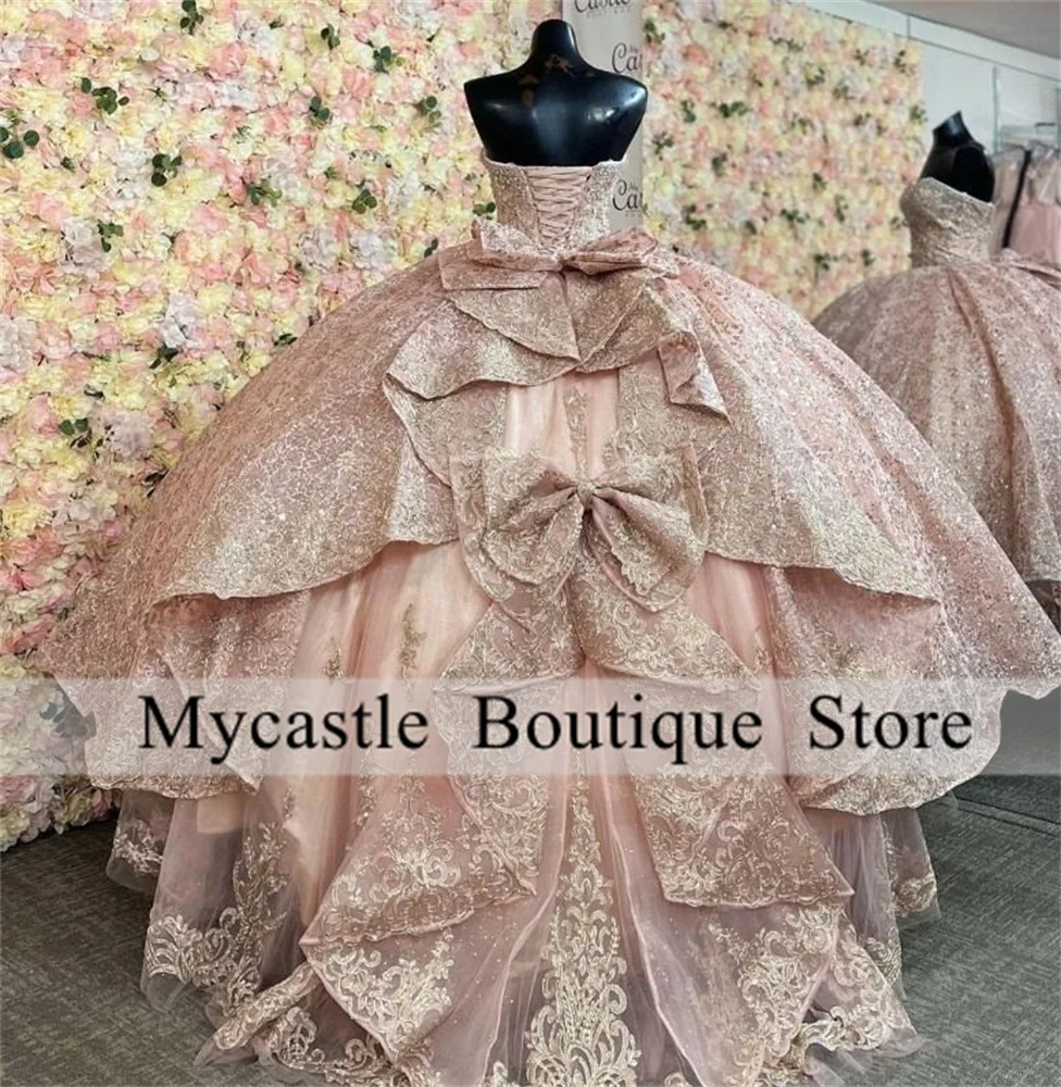 Sparkly Rose Gold Princess Quinceanera Dresses 2025 With Bow Ball Gown Appliques Crystals Bead Sweet 15 Dress Customized Lace-Up