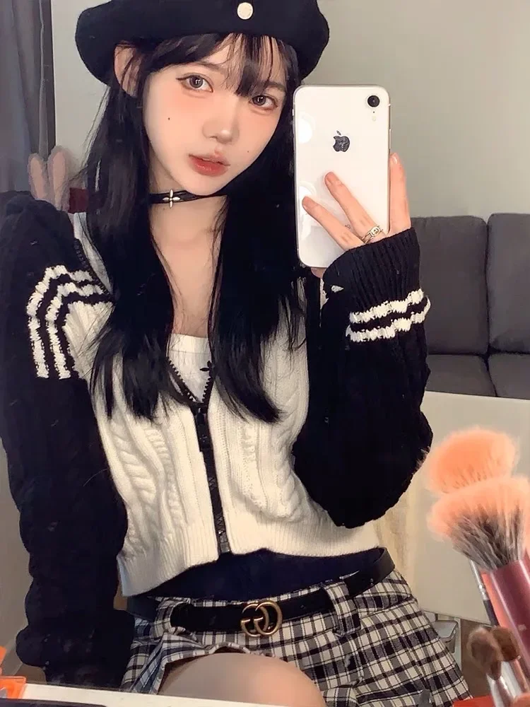 

Вязаный кардиган в консервативном стиле, женская одежда, повседневный свитер контрастного цвета с капюшоном Sueter, повседневный шикарный укороченный свитер на молнии, топы