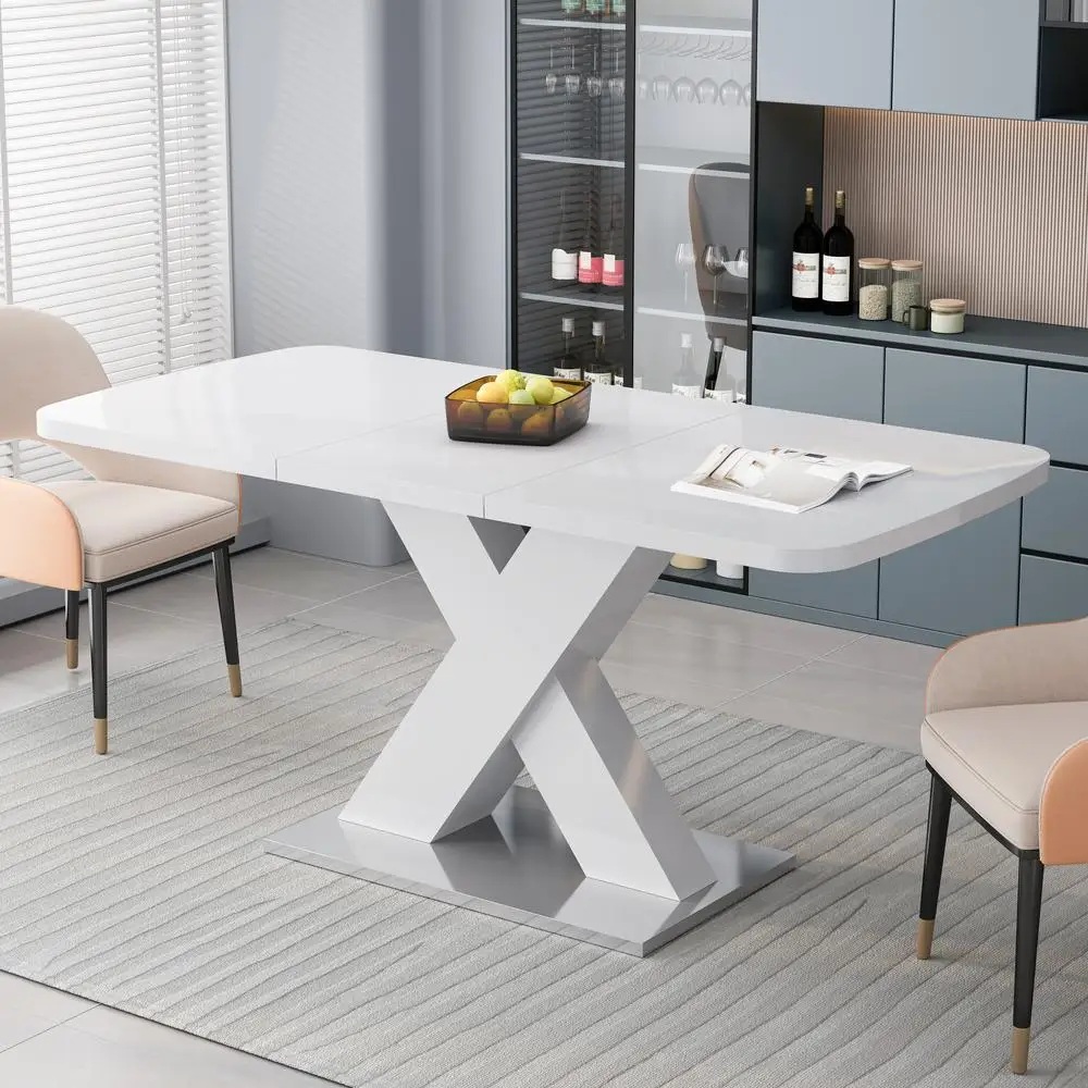 

Modern White Rectangle Dining Table Stretchable MDF X-Leg Metal Base Seats 4-6