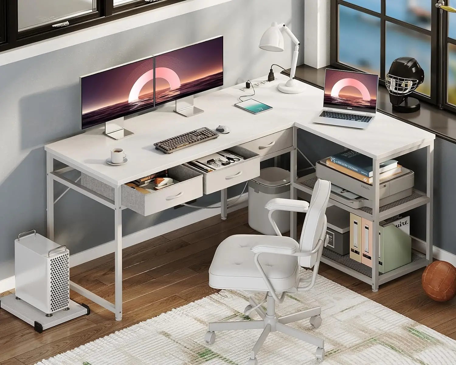 AODK 53 Inch L Shaped Computer Desk with Drawers, Corner Desk with Power Outlets & Reversible Storage Shelves, Movable CPU