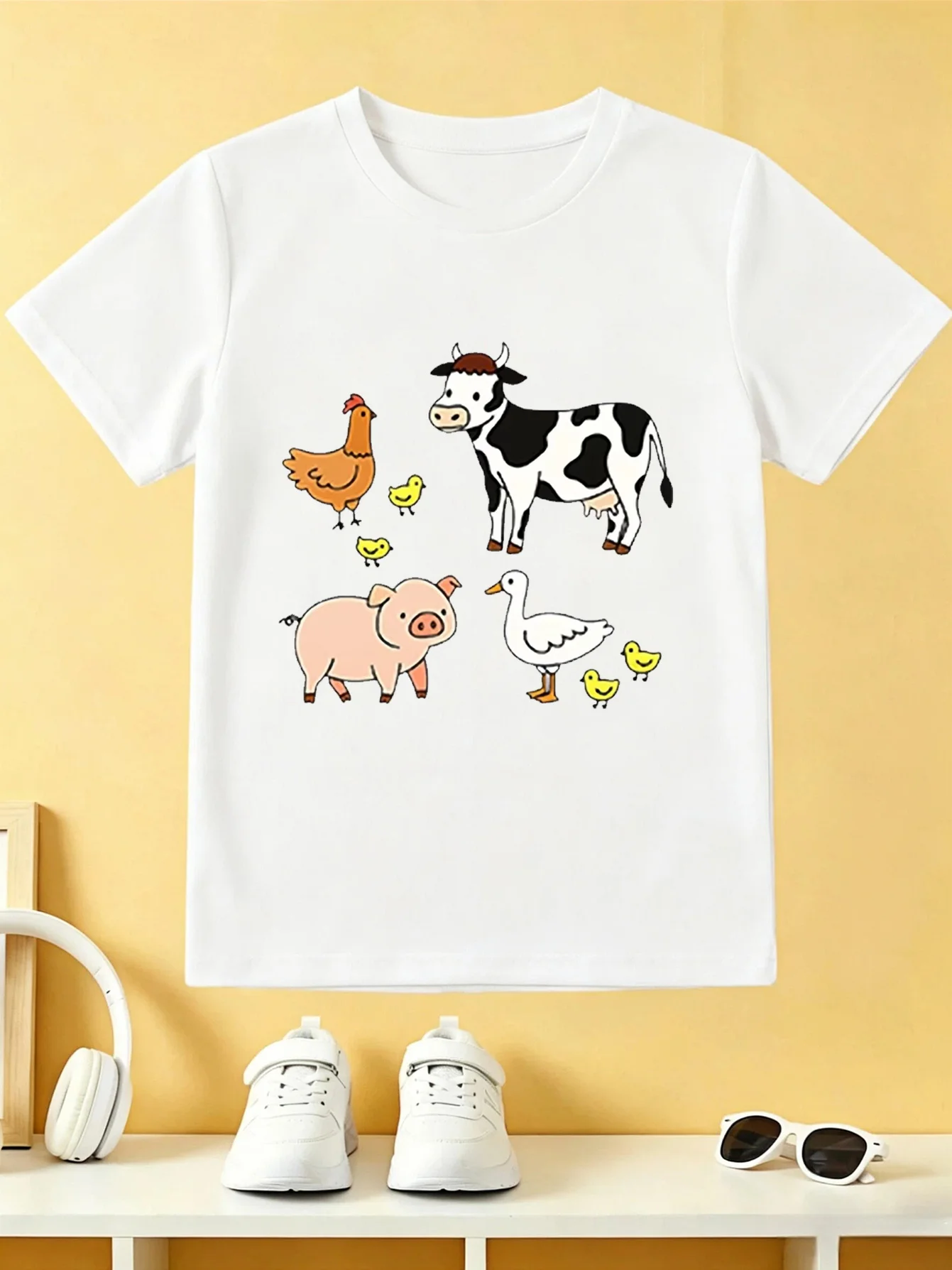 Cartoon Farm Animal Group Tee Cow Pig Chicken Duck Graphic Print Boys Girls Family Matching Cotton Short Sleeve Children Tshirt