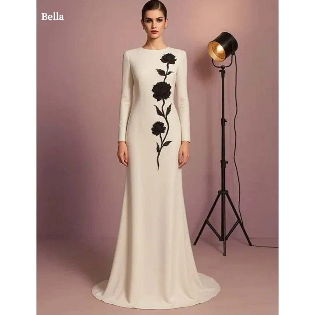 

Bella Индивидуальные платья цвета слоновой кости с круглым вырезом и длинными рукавами, черные 3D цветочные отделки, облегающие шлейфы, элегантные вечерние платья макси