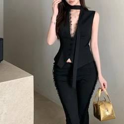 Vintage Korean Retro High Street Lace Stitching Sleeveless Vest Lace-up + Flare Pants black Suit 2 Pieces Sets Y2k Suit