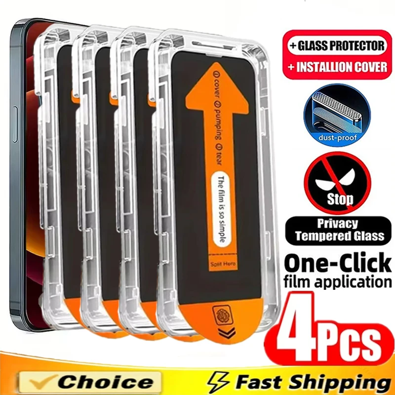

4Pcs Dust Free Installation Privacy Screen Protector for IPhone 17 14 11 12 13 15 16 Pro Max 7 8 Plus Mini XR XS Anti-spy Glass