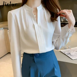 Jielur Spring Women White Chiffon Shirt Women Tops Long Sleeve V-Neck Blouse Women Blusas Mujer De Moda 2022 Shirts Blouses