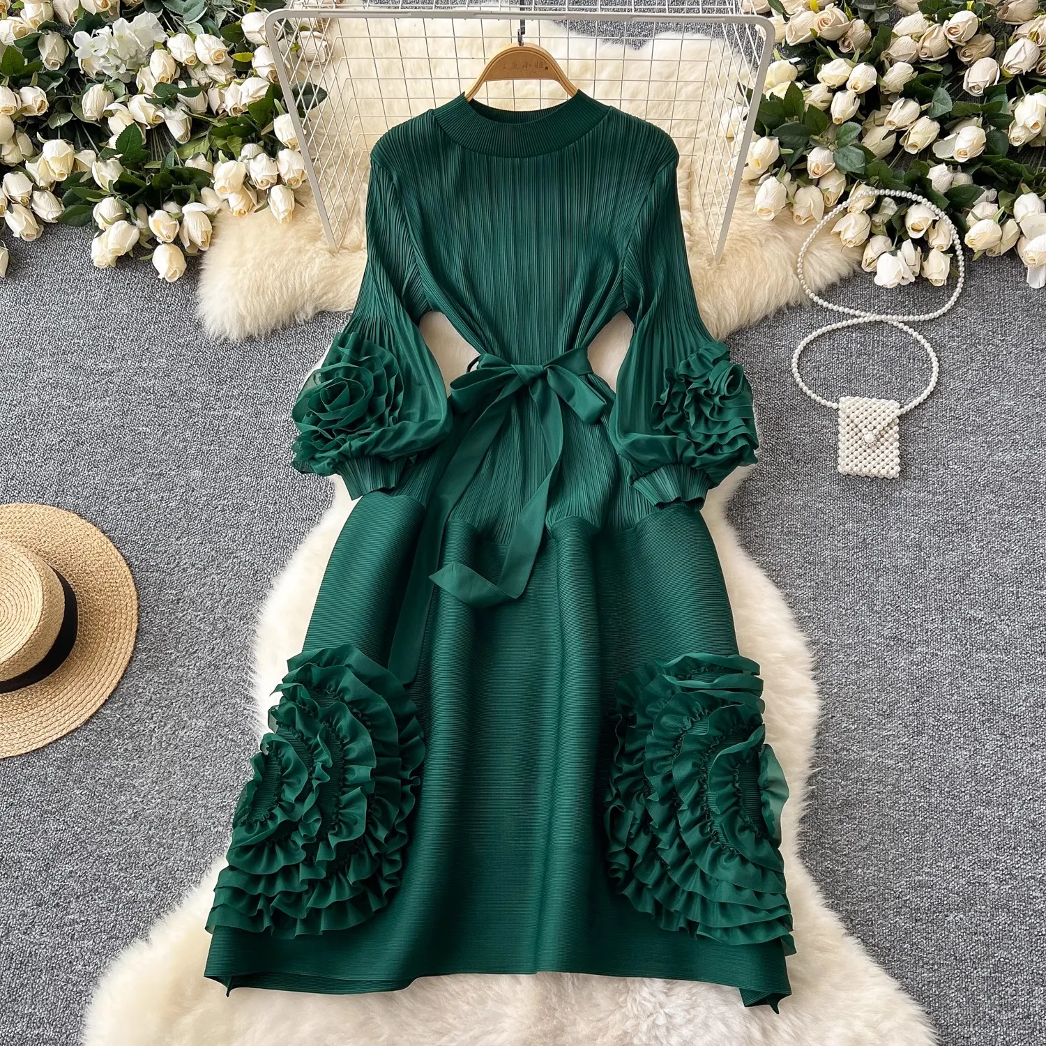 New Miyake High End Tied Up Oversize Pleated Long Robes Turtleneck Bubble Petal Sleeves High Waist Formal Dresses Women Clothing