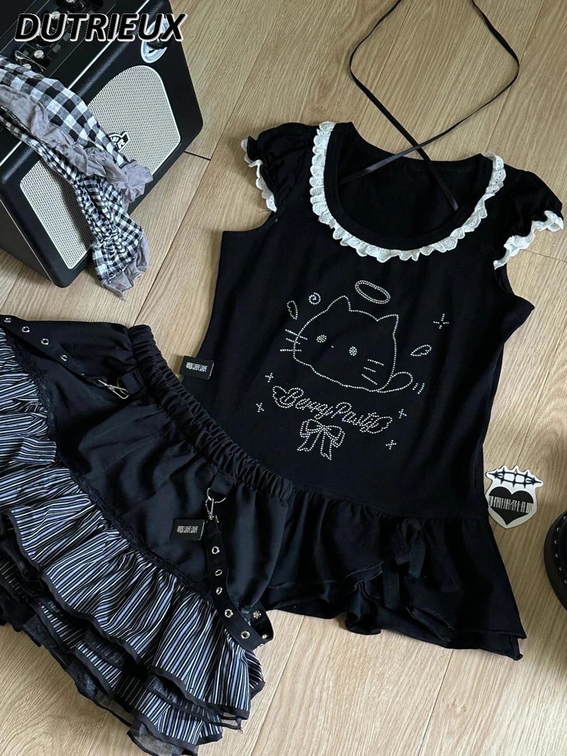 Japanese Y2k Sweet Hot Girl Style Black Tops Lace Bow T-shirt and Puffy Black Gray Short Skirt Two Piece Sets Womens Outifits