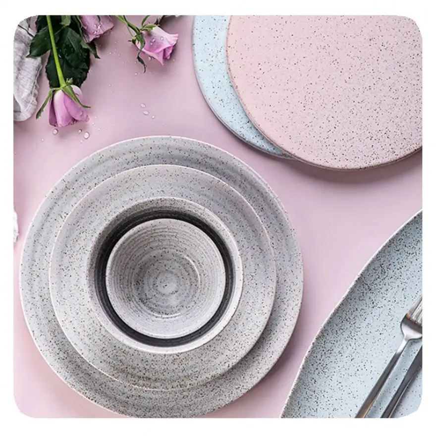 Nordic Semi Matte Gray Promotional Gift Stoneware Porcelain Ceramic Dinner Plate Set