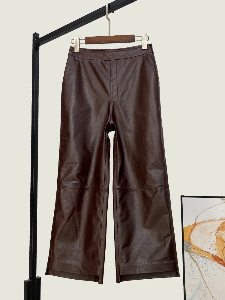 

New Straight Pants Loose High Waist Winter Quality Genuine Real Leather Women's Sheepskin Cropped Wide Leg