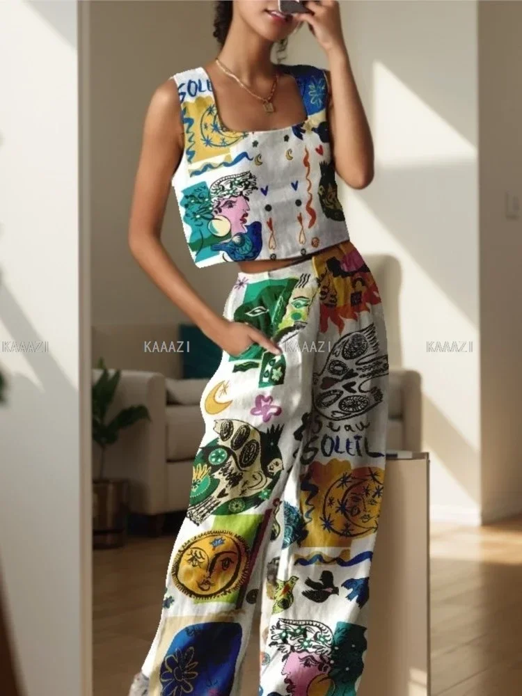 Holiday Fashion Casual Print Suits Women Crop Sleeveless Vest Tank Top Pants Chic Female 2-piece Sets Outfits New Clothes Summer