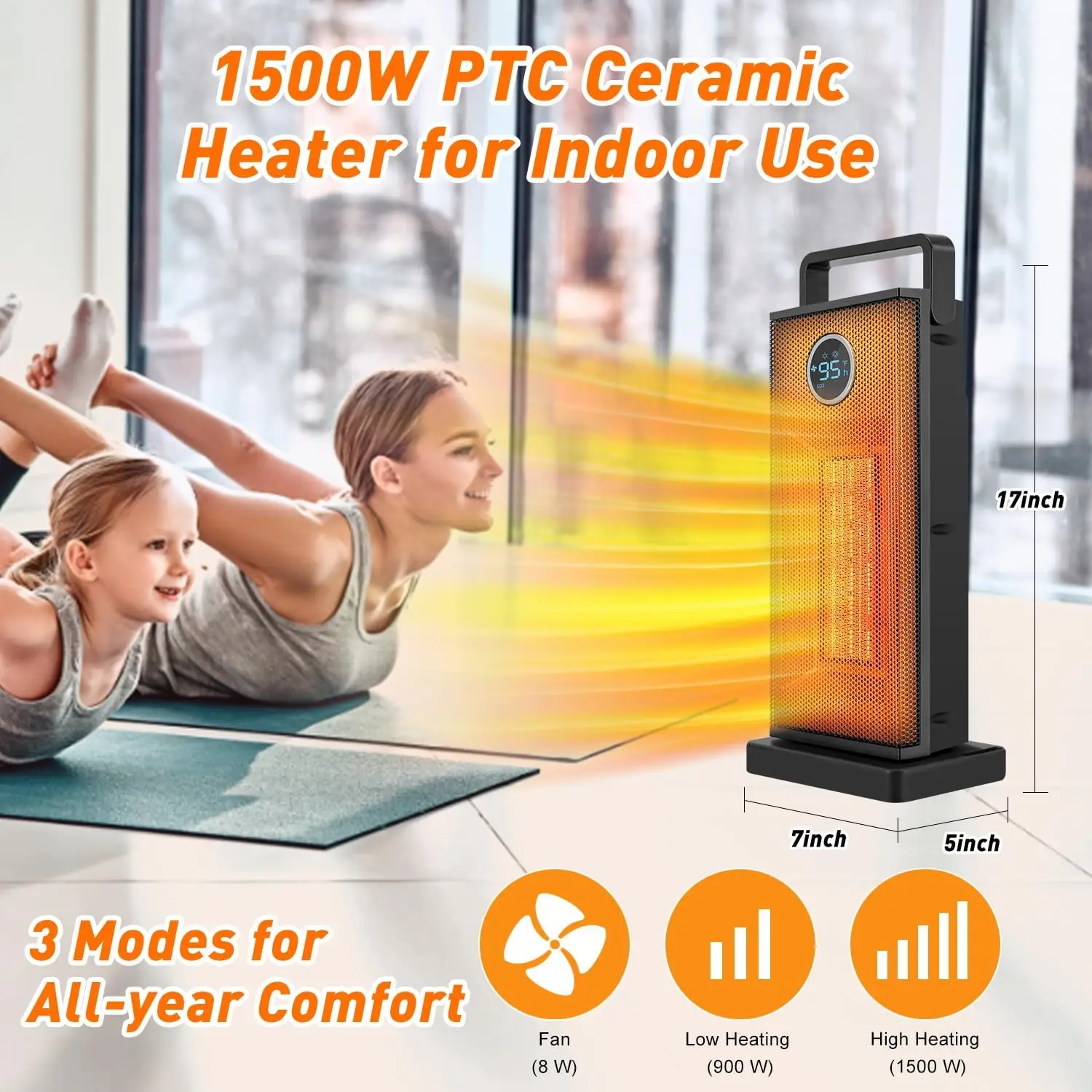 Room Heater 1500W Large Portable Ceramic Tower Heater 12 Hour Timer 3 Modes With Remote Rapid Heating Oscillating Heater