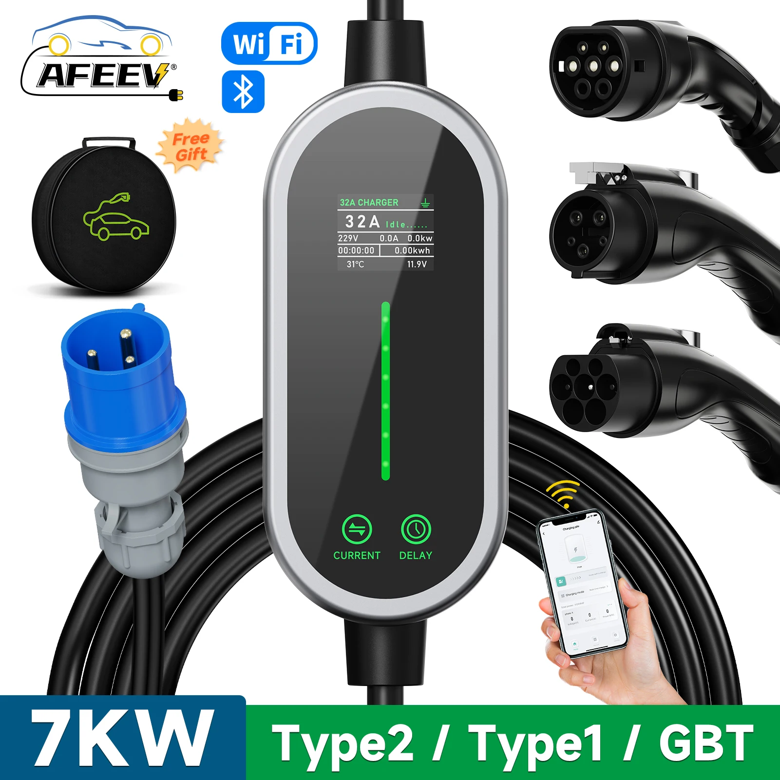AFEEV 7KW 32A 1-fazowa przenośna ładowarka EV typu 2 Wallbox typu 1/GBT EVSE Kabel do szybkiego ładowania Wtyczka CEE WiFi APP Sterowanie Bluetooth