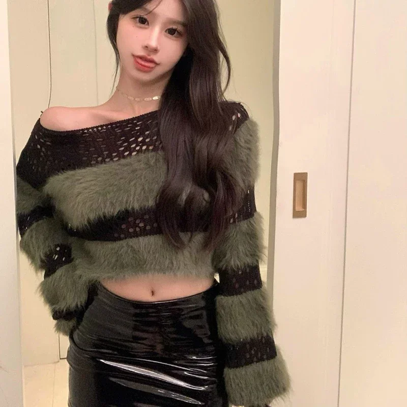 GIDYQ Harajuku Vintage Green Striped Sweaters Women Y2k Sexy Hollow Out Off Shoulder Crop Pullovers Fashion Patchwork Soft Top