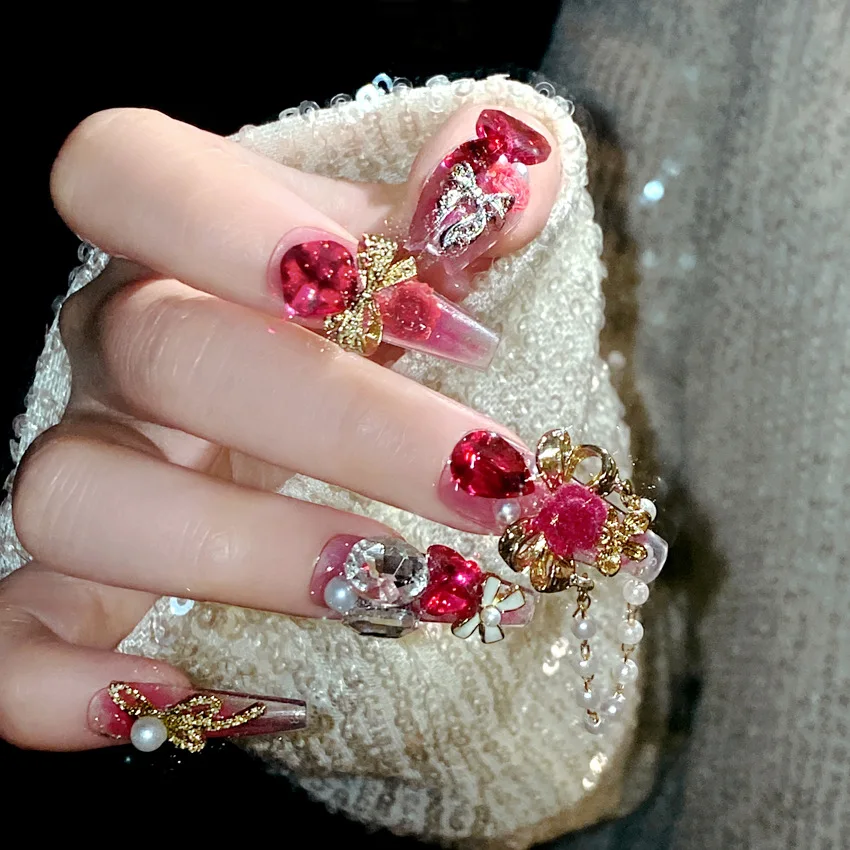 

24pcs Luxury Red Long Ballerina Fake Nails with Bow Pearl Press On Nail Full Cover Reusable False Nails for Women DIY Manicure