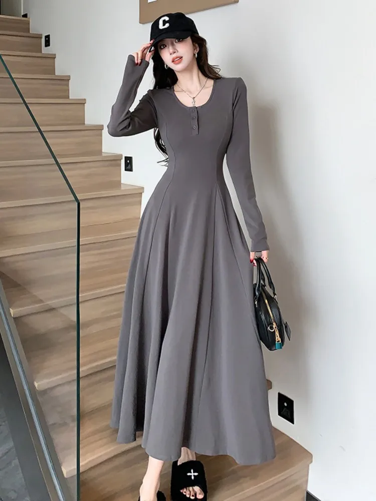 

2024Spring New Long Sleeve Waist-Cinching Dress for Women French Style Hepburn Wind Draped DressALong Skirt