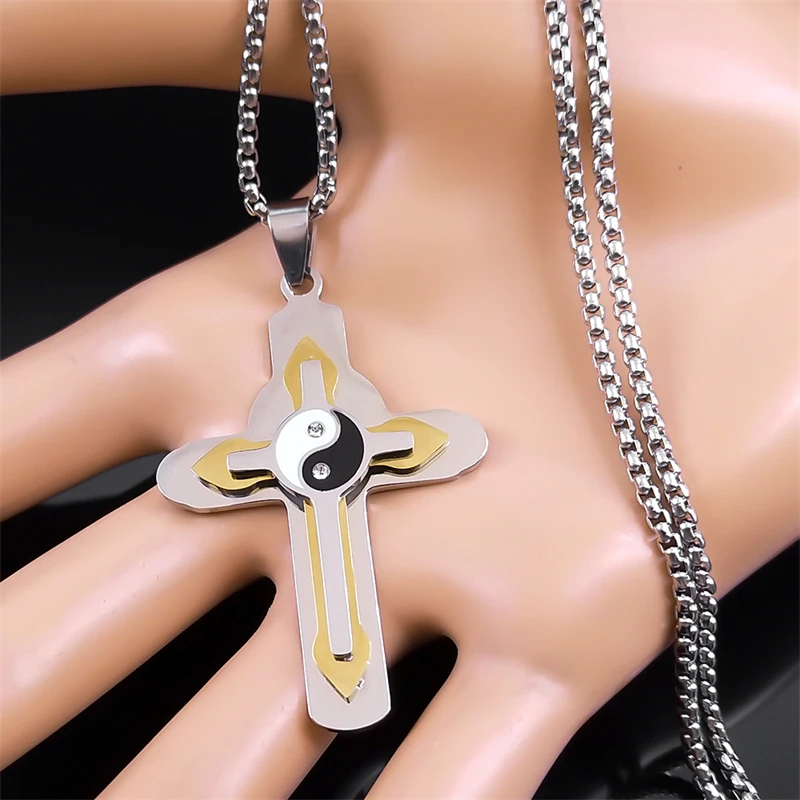 Christian Cross Necklace for Men Women Stainless Steel Gold Silver Color Vintage Yin Yang Tai Chi Gossip Chain Jewelry NZZZ159S2